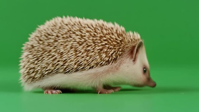 Photorealistic Small Hedgehog Moving on Green Background