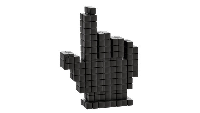 Black pixelated hand cursor made of cubes, isolated on transparent background