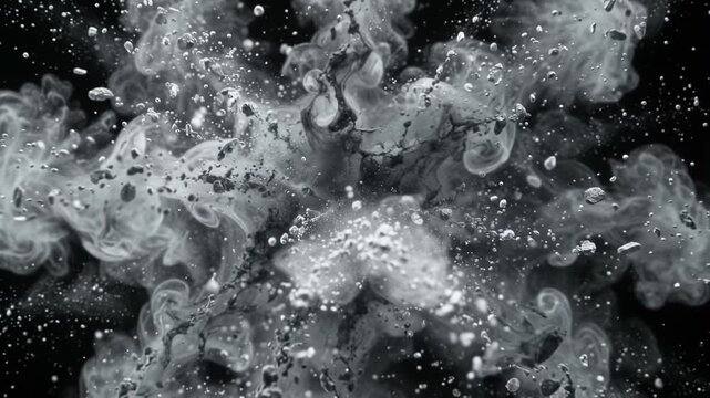 Charcoal, silver and white powder bursts into a dramatic monochrome cloud explosion against black, swirling in slow motion.