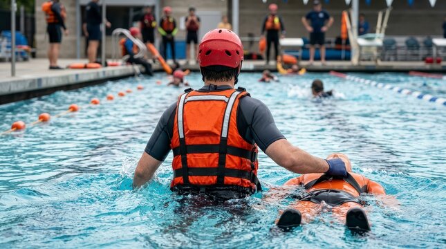 Rescuer Engaged in Water Rescue Training Exercise in a Swimming Pool with Participants and Safety Gear