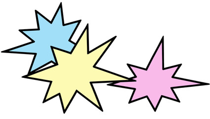 Three colorful starburst shapes blue yellow and pink, isolated on transparent background © STUDIOP