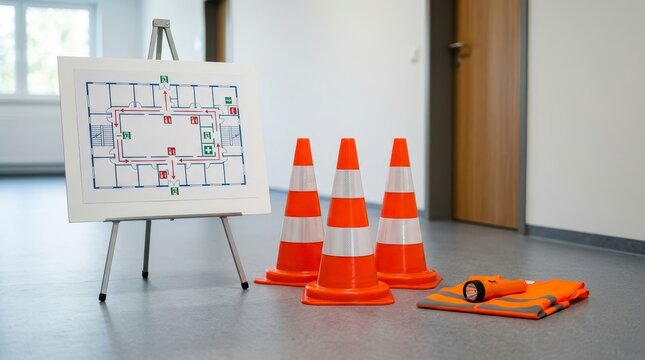 Emergency Evacuation Drill Setup with Bright Orange Cones and Detailed Instructional Map in Modern Indoor Space