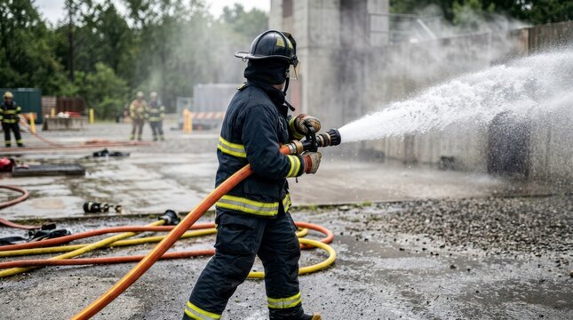Firefighter Training Exercising with Water Hose in Emergency Response Practice Drill at Public Safety Facility