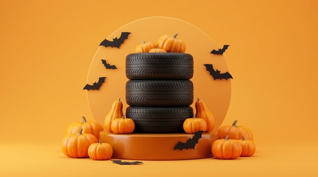 Automotive tires stacked on display platform with pumpkin and bat decoration for Halloween. Creative product advertisement background for tire shop seasonal sale and holiday promotion