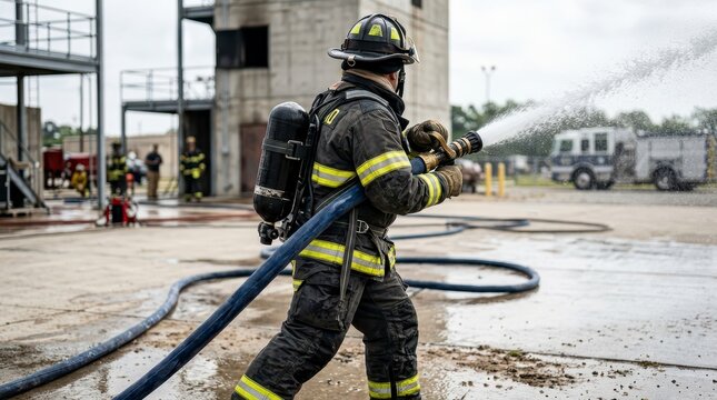 Firefighter Training with Hose Spraying Water During Drill in Emergency Rescue Simulation at Outdoor Facility