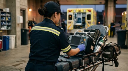 Fototapeta premium Paramedic Engaged in Emergency Medical Response with Equipment in Ambulance Garage