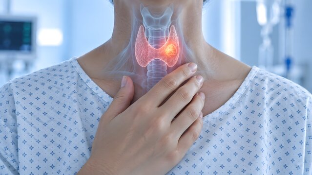 Thyroid cancer and goiter featuring a woman with throat swelling symptom