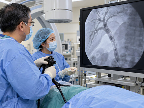 Gastroenterology team performing therapeutic ERCP with fluoroscopy guided common bile duct stone extraction