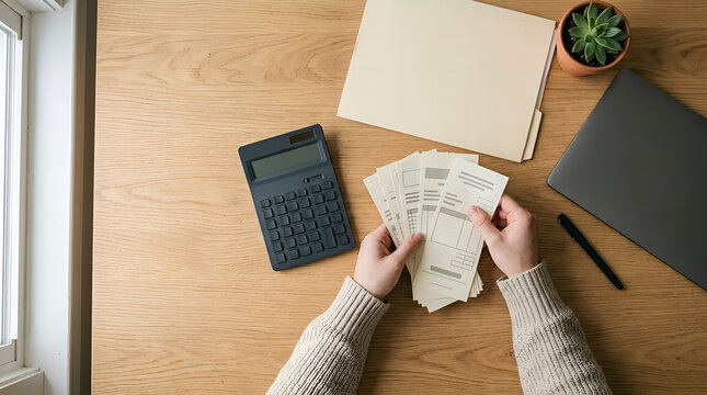 Accountant Reviewing Financial Invoices and Receipts at Wooden Desk with Calculator
