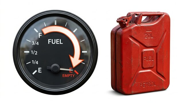 Fuel gauge indicator displaying full to empty levels next to red metal jerrycan on white background