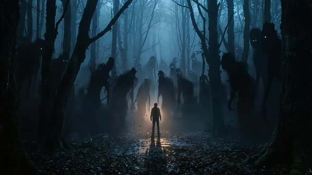 Terrified man standing alone in dark haunted forest surrounded by glowing evil shadow monsters video footage