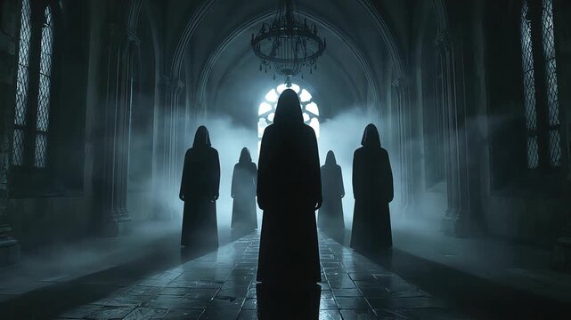 Hooded figures standing in a dark spooky gothic hall filled with mysterious fog during motion video footage
