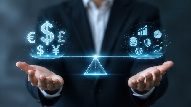 Balancing Currency and Strategy: A businessman's hands hold a digital scale, weighing global currencies against business strategy icons, symbolizing financial planning and economic balance.