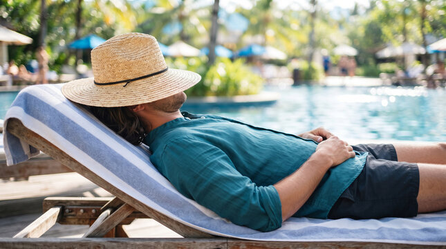 Man wearing straw hat sleeping on wooden deck chair by swimming pool. Tourist relaxing at luxury resort during summer vacation. Wellness, travel, leisure and lifestyle concept