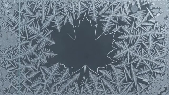 Time-Lapse Ice Frost Crystals Freezing Across Glass Revealing Maple Leaf Outline