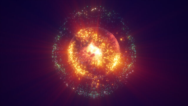 Fiery orange energy core glowing inside a transparent sphere surrounded by teal particles on a dark purple background.