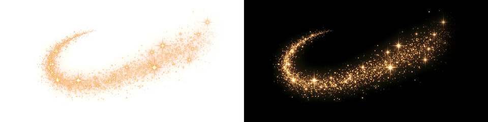 Abstract Golden Sparkling Light Trail and Star Swoosh on Split White and Black Background © mashiur