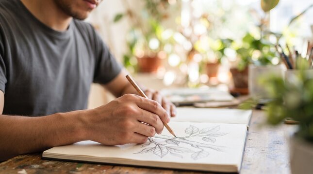 Man artist drawing a botanical sketch with pencil in notebook. Talented illustrator working on plant illustration. Creative studio environment for art hobby and design education project