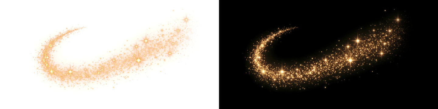Abstract Golden Sparkling Light Trail and Star Swoosh on Split White and Black Background