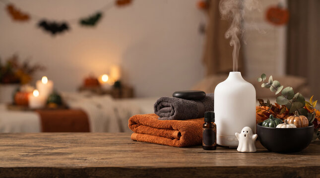 Aromatherapy diffuser with steaming mist and spa towel on wooden table. Halloween interior decoration with pumpkin and ghost figure. Relaxing wellness environment for autumn holiday theme