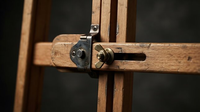Close-up of a vintage wooden art easle mechanism showing brass hardware, wing nuts, and adjustment screws