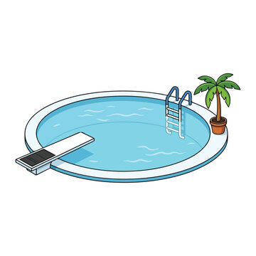 Round swimming pool with diving board, metal ladder, and potted palm tree