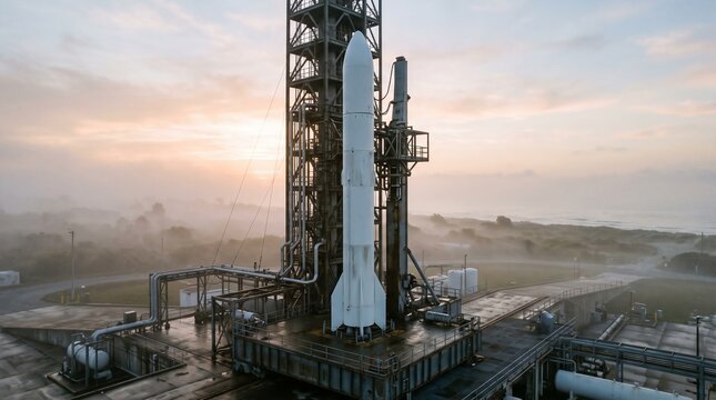 Rocket On Launch Pad Dawn With Mist Over A Coastal Spaceport