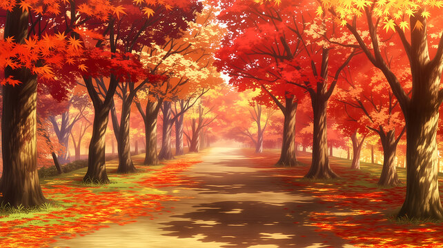 鮮やかな紅葉に包まれた秋の遊歩道のアニメ風イラスト