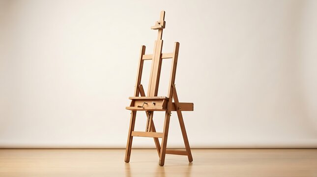A wooden studio easel standing empty in a bright art room ready for painting artwork canvas and creative projects
