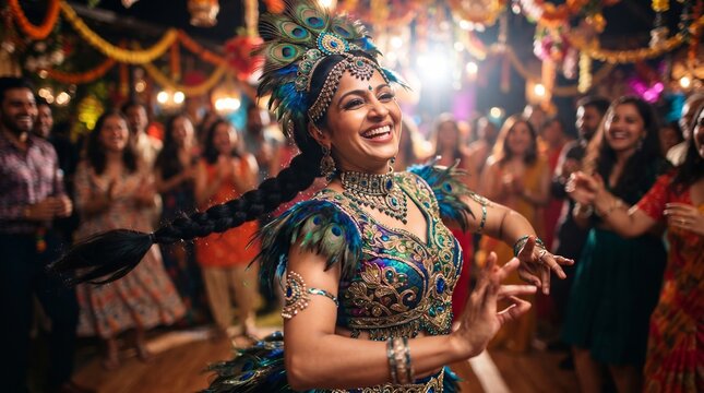 Smiling woman performing a vibrant carnival dance in ornate feather costume before a celebrating crowd. Festive cultural performance, music, joy, and community celebration