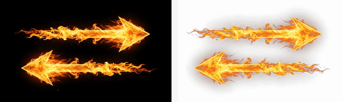 Burning fire arrows pointing in opposite directions isolated on transparent background