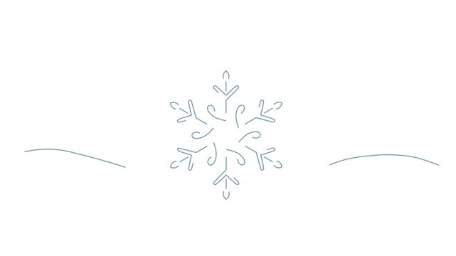 Continuous line art snowflake animation on solid white background, minimalist winter ice crystal motion graphic
