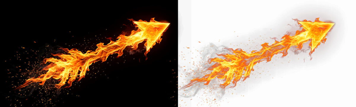 Burning fire arrow flying isolated on transparent background