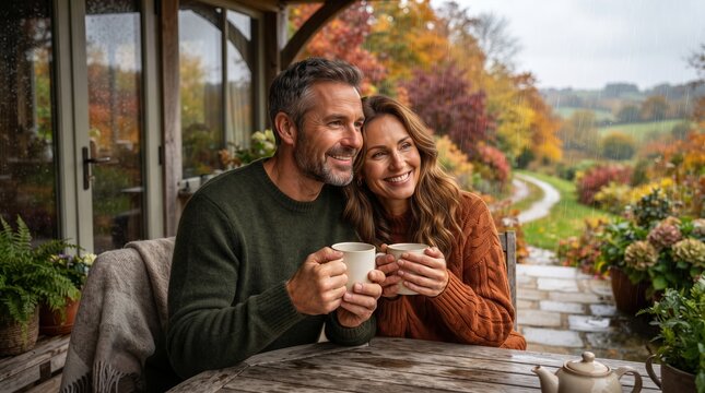 Happy mature couple with cups of hot tea on rainy autumn porch. Woman and man embracing under blanket enjoying fall foliage in countryside garden. Cozy weekend, love and togetherness concept