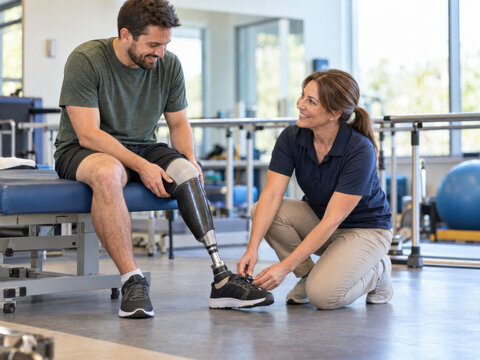 Eine Therapeutin hilft einem Mann mit Beinprothese beim Anlegen seines Sportschuhs. Die Reha-Szene zeigt Mobilit&auml;t, Motivation und professionelle Unterst&uuml;tzung.