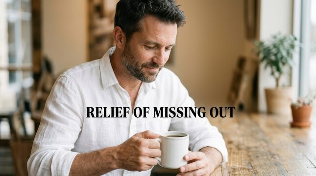 Content Middle-Aged Man Relaxing with Coffee, Relief of Missing Out Concept for Mental Wellness