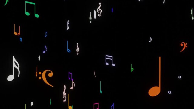 Musical score horizontal flying out music notes audio pulse beats abstract 10 seconds animation screensaver visualiser motion graphics HD video black background
