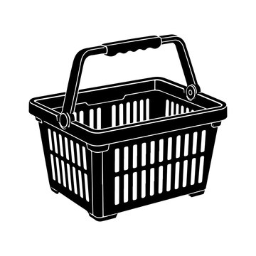 Vector Illustration of Supermarket Hand Basket, Black Silhouette Retail Shopping Crate, Plastic Grocery Basket Icon, Isolated White Background
