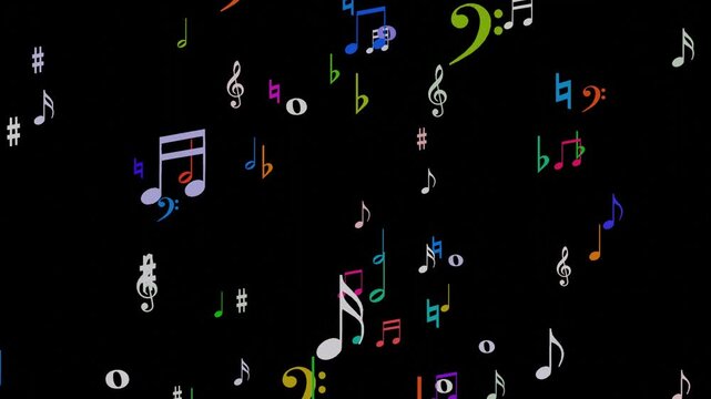 Musical score horizontal flying out music notes audio pulse beats abstract 10 seconds animation screensaver visualiser motion graphics HD video black background