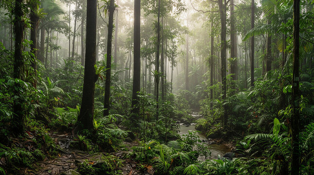 A breathtaking view into the heart of a pristine tropical rainforest. The scene captures a winding stream cutting through a dense undergrowth of ferns and exotic plants. Towering ancient trees reach t