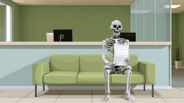 Human skeleton sitting on green sofa holding clipboard in modern office reception area with front desk and computer monitor