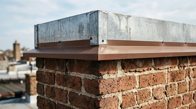 Closeup of a brick chimney top with a metal cap and brown flashing, showcasing professional roof maintenance and masonry work on a residential building