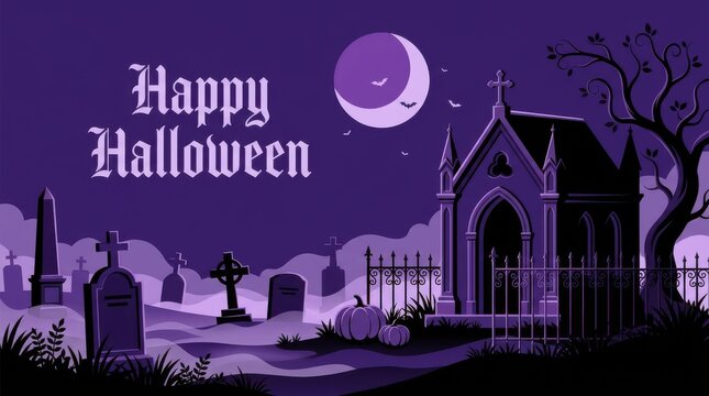 Happy halloween pixel art greeting card with a spooky cemetery at night