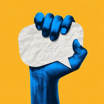 Blue robotic hand giving a thumbs up against yellow background
