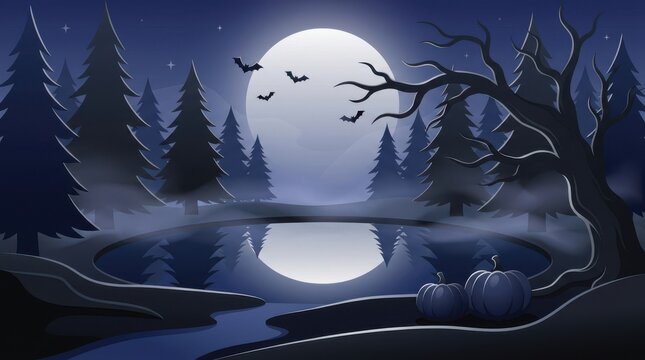Pixel art halloween night scene with full moon and forest
