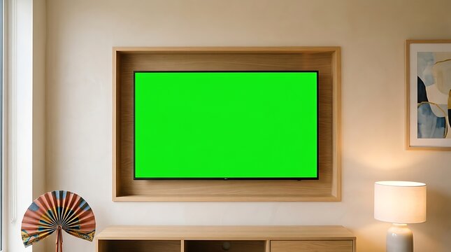 Modern living room interior with a large flat screen tv mounted on a wooden wall panel, featuring a green screen for custom content replacement
