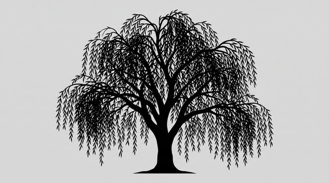 Black Weeping Willow Tree Silhouette, Minimalist Botanical Nature Symbol, Drooping Branch Leaves Vector Art isolated on White Background