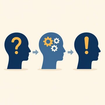 Thinking process illustration with question mark, gears, and exclamation mark in human heads