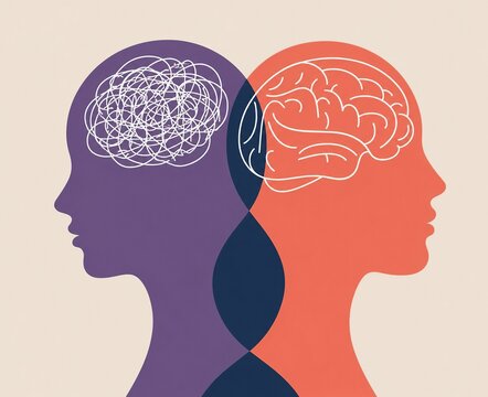 Two human heads with tangled and clear brain illustrations side by side
