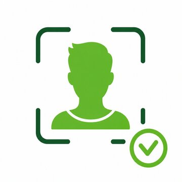 Green silhouette person icon with verification checkmark and camera frame